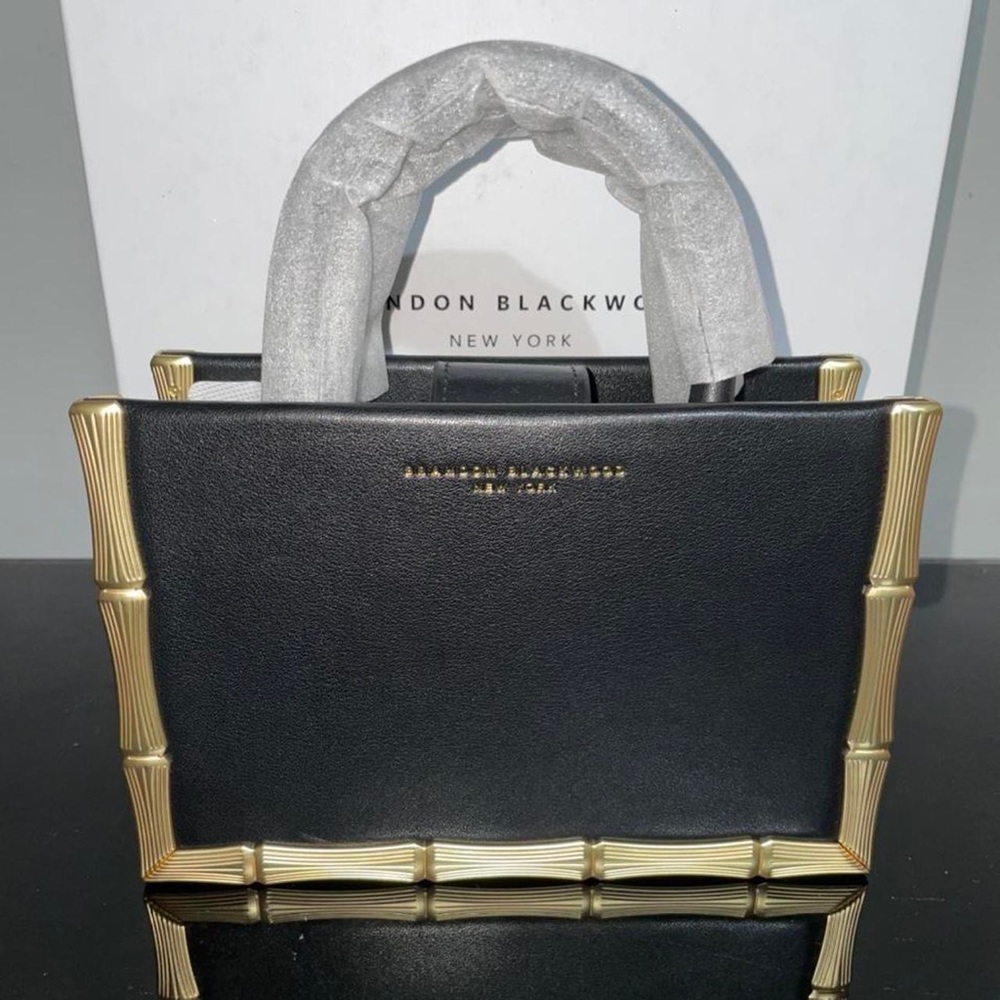 Bamboo B Tote in Black Genuine Leather and Custom Bamboo Hardware